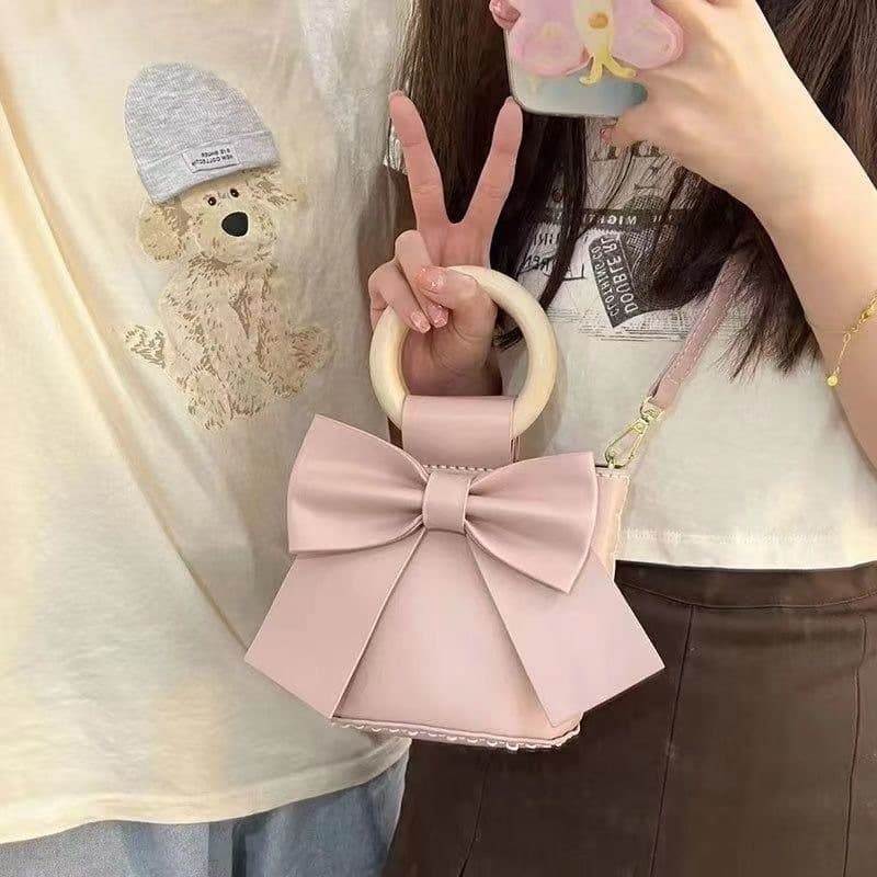 ミニバッグ リボン飾り丸手持ちミニバッグ